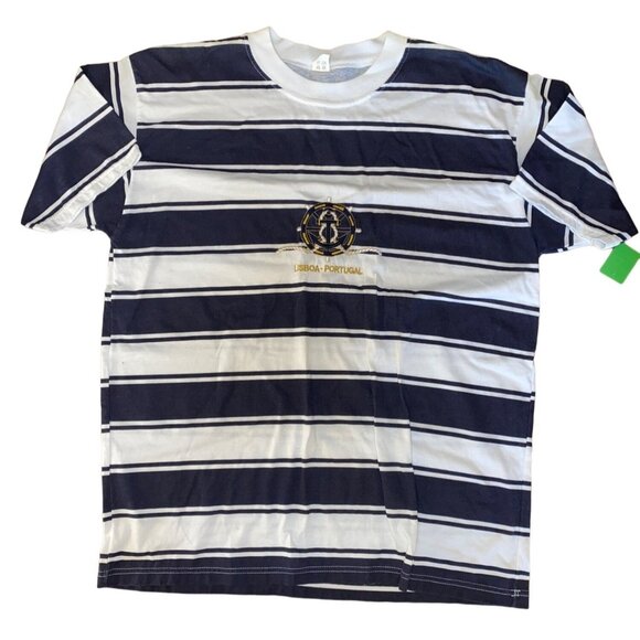 Striped Navy & White Nautical T-Shirt Embroidered Lisboa Portugal XXL 100% Cotto - Picture 1 of 6